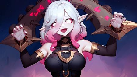 (pointy ears),pink sclera,white hair with pink streaks,hands up,head shackles, big breasts,night, stars,black clothes, <lora:briar-t14-pt1-000020:1>