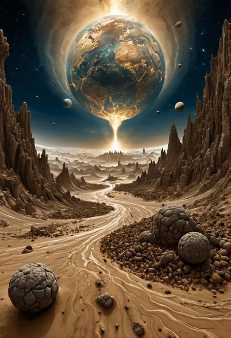 An incomprehensibly vast vertical perspective transcending the mortal plane into the odyssean realms of cosmic fantasy where the immortal humanoid titans of primordial celestial energies clash, conjuring continents and archipelagos across the aetheric spheres to endlessly rise and fall as if grains of sand in an hourglass, electromagnetic stormforms birthing mountain ranges of prismatic petrifiedempyrea, titans locked in a gravitational tesseractial duel of continual stellar nucliogenesis, body-regions sloughing asteroid belts like grains of sand, the empyrean light of their artoreal radiances endlessly refracted across existential infinitudes