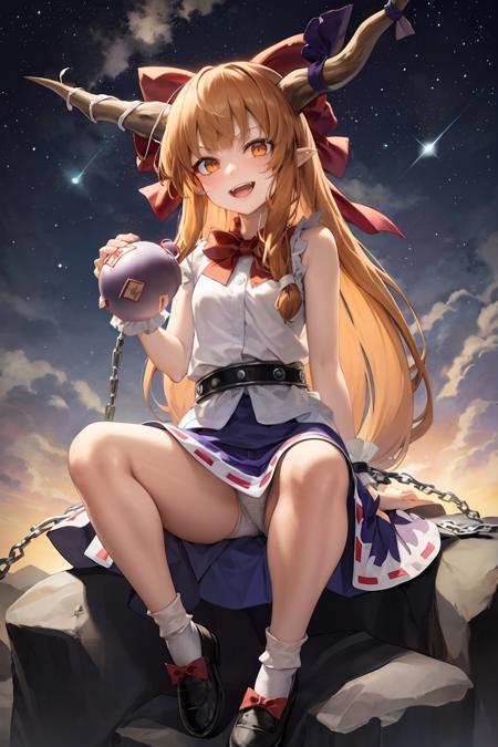 masterpiece, best quality,   <lora:suika:1>,1girl, ibuki suika, solo, horns, cube, skirt, long hair, bow, horn ornament, ribbon, chain, shirt, orange hair, underwear, red bow, bloomers, white shirt, rock, black footwear, socks, sleeveless, footwear bow, horn ribbon, orb, white socks, sky, wrist cuffs, full body, hair bow, sleeveless shirt, star (sky), shackles, orange eyes, ball and chain restraint, smile, purple ribbon, cuffs, looking at viewer, shoes, oni, blue skirt, bangs, floating, oni horns, belt, starry sky, red bowtie, gourd, low-tied long hair, ribbon-trimmed skirt, open mouth, red eyes, bowtie, horn bow, purple skirt, blue ribbon, sidelocks, cloud, planet, closed mouth, red ribbon, black belt