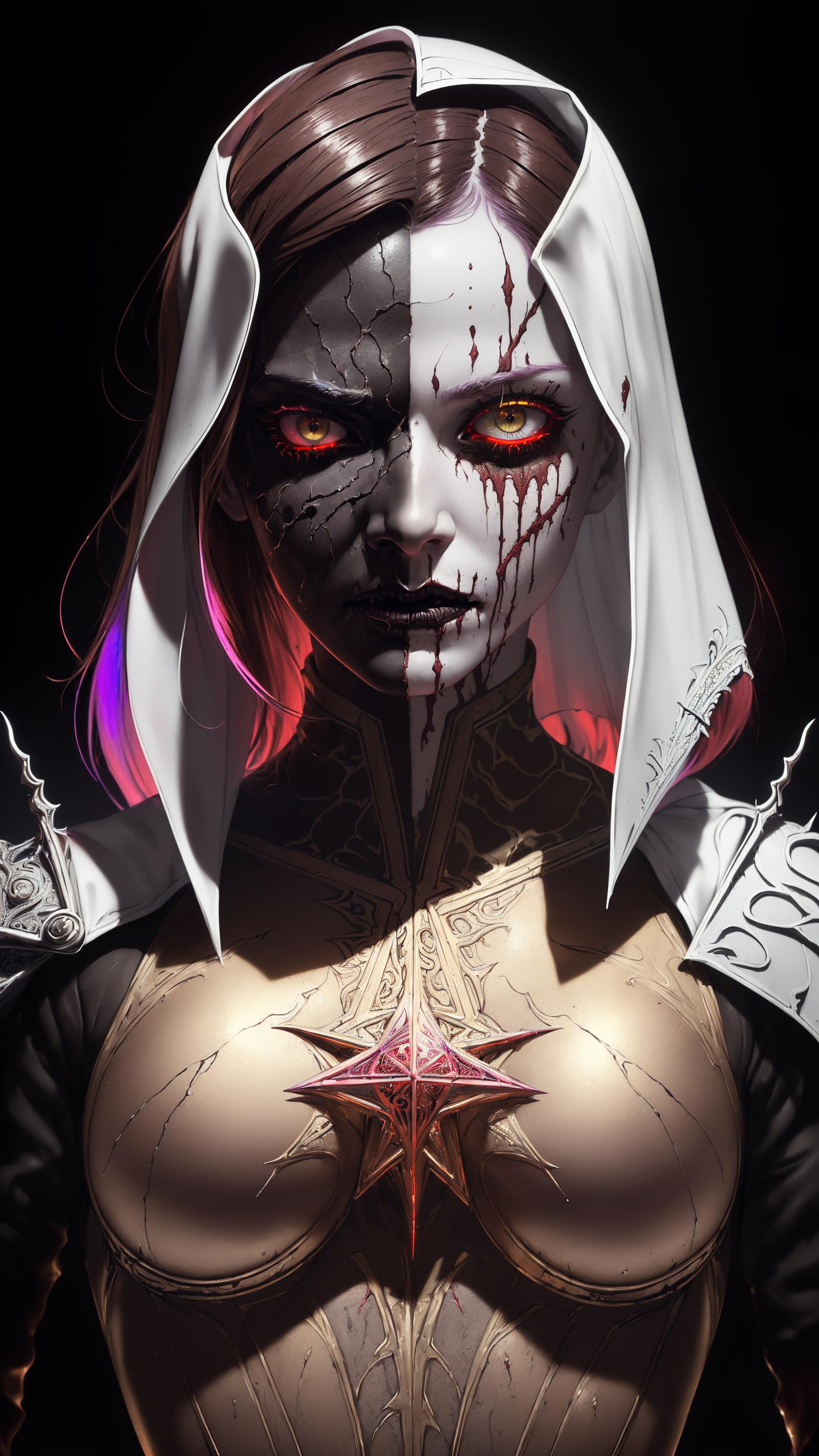 A dark and bloody image of a woman with glowing eyes and a star on her chest.