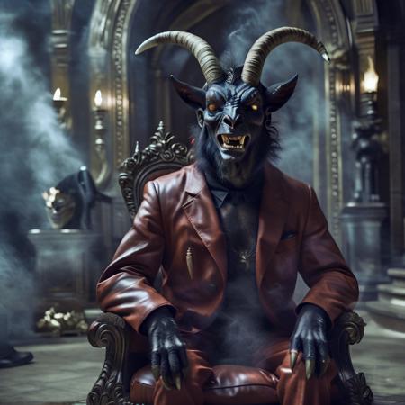 a devil goat sitting in armchair, fantasy style, dark, surreal, horror, epic,