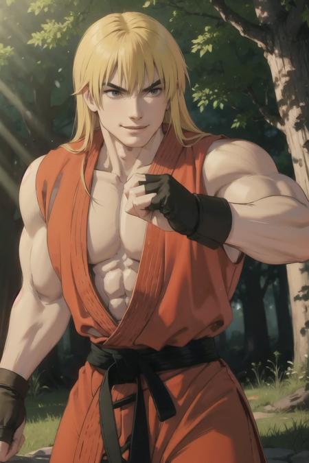 kenalpha, 1boy, male focus, blonde hair, long hair, muscular, gloves, fingerless gloves, pectorals, martial arts belt, kimono