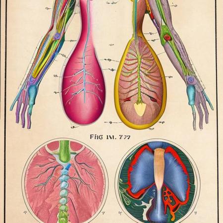 colorful illustration of  lymphatic system, arcane labels, visceral, art by anatomical-illustration, armpit