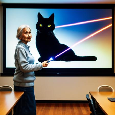 old woman, presentation, screen, realistic, holding pointer, laser pointer, in front of a large screen, cat on it, <lora:Presentation _v1:0.5>