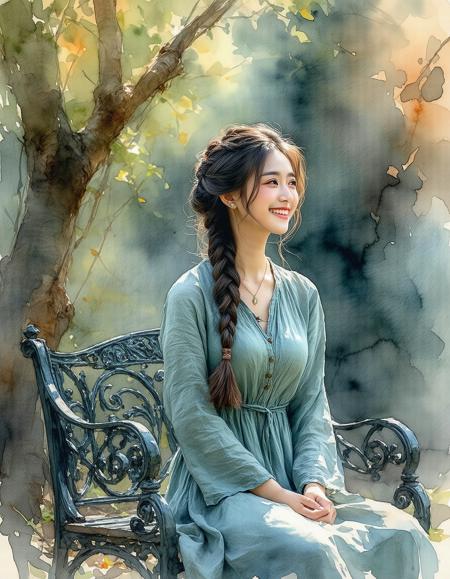 Low-angle close-up of a young woman’s triumphant smile, seated on a weathered wrought-iron bench draped in velvet moss, her linen dress crinkling with sun-warmed resilience. Watercolor gradients bleed sapphire and burnt umber into John Singer Sargent’s loose washes, edged by Katsushika Hokusai’s precise ink lines—crimson-gold gingko leaves swirl in dappled light. Lichen-cracked bench textures contrast her smooth, ochre-touched skin. A hidden sparrow nestles in her ink-black braid; distant cherry blossoms dissolve into misty brushstrokes. Palette: emerald shadows, cadmium yellow highlights, fractured indigo outlines. Mood: serene defiance, roots gripping earth, sky dissolving into pigment.