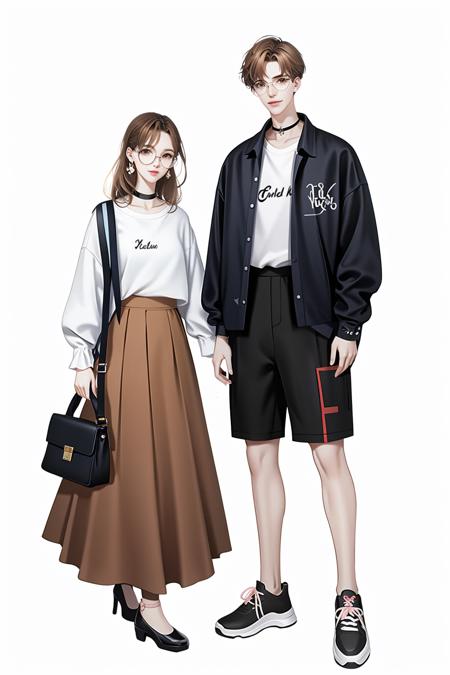 Character standing drawing, modern design, 1girl, 1boy, brown hair, shirt, white background, skirt, simple background, brown eyes, white shirt, long hair, full body, shorts, choker, bag, shoes, jacket, black footwear, standing, looking at viewer, long sleeves, black choker, glasses, brown skirt, sneakers, pink footwear, high heels, open clothes, short hair<lora:xiandai:0.8>,