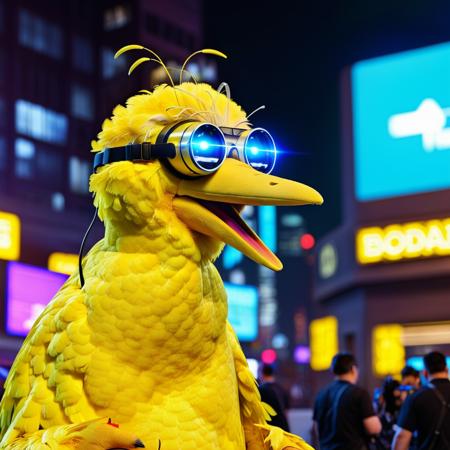 cinematic photo Bigbird1024, a giant yellow bird uses a vrheadset, cyberpunk background <lora:Bigbird1024-000255:0.7> . 35mm photograph, film, bokeh, professional, 4k, highly detailed