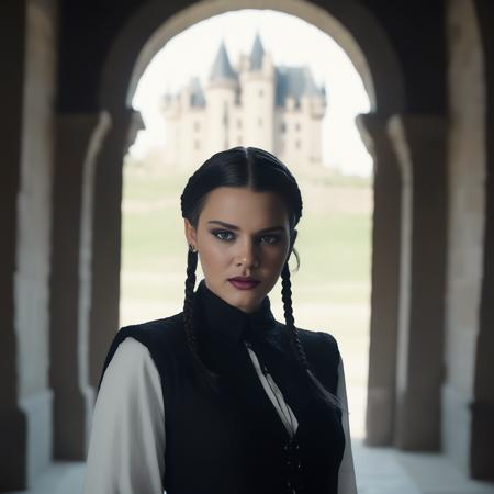 photo of (ohwx woman) as Wednesday Adamas, wearing gothic clothes, braided pigtails, in a castle, sharp focus, looking at the camera, makeup, cinematic look, <lora:KendalJenner:1>