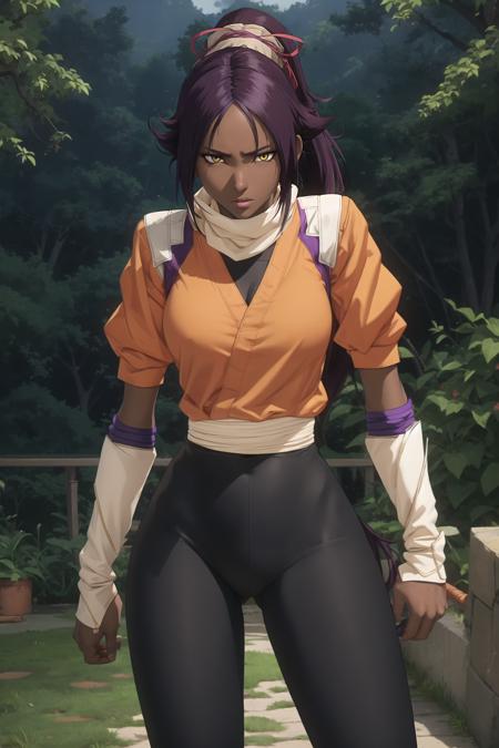 (best quality, highres:1.1), shihouin yoruichi, orange shirt, black leggings, shirt accessory, waist accessory, scarf, leg warmers, shoulder pads, detached sleeves,  1girl, solo, dark skinned female, dark skin, ponytail long hair, parted bangs, purple hair, yellow eyes, <lora:YoruiPrLOW-v6.3mr10.25v4:.8>,