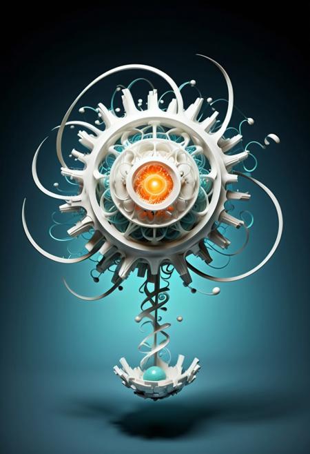 Scientific high-tech of nuclear physics, Boson in exquisite asymmetry, dynamics of neutrino motion, 4d double composition, drawing of curls of an atom from a white foreface, a thin edge of cosmic surialism, digital vector graphics, minimalism of a nuclear scientist, artifacts with fractal patterns of white metal, white ball and spiral hanging in the air, Prometheus silhouette with mint blue flame in the palm of your hand, symbolism, high detail, high resolution 64k