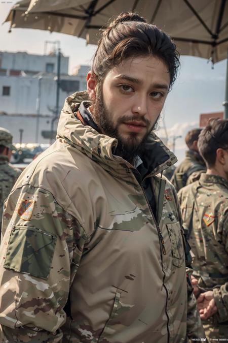 handsome man, beautiful hair, beard, prigozhin,  <lyco:celeb_ prigozhin:1.0>, (soviet art), military