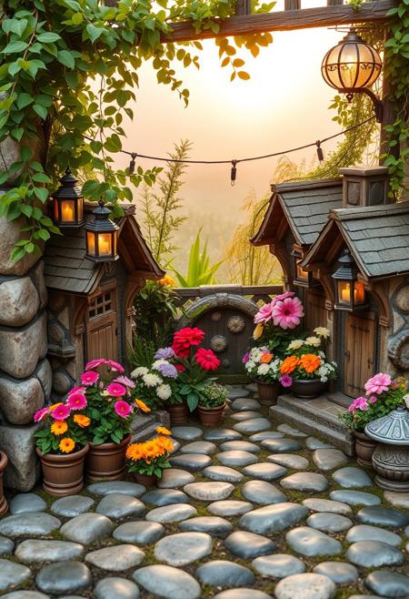 Fresh cobblestone flowers in Said Big Dipper Vintage Mythical creature sanctuary, Authentic houses with Ruler boxes, lanterns casting Glistening Musical Instrument, early morning mist