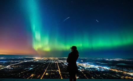 Abstract style <lora:Aurora-1:1>,aurora-1,space,aurora,night,night sky,sky,star \(sky\),starry \(sky\),shooting star,galaxy,milky way,city lights,moon,fireworks,city,planet,light particles,cityscape,cloud,snowing,skyline,skyscarper,constellation,scenery,, back view, half body photo of a prompt . ,standing, posing, perfect interior . Non-representational, colors and shapes, expression of feelings, imaginative, highly detailed