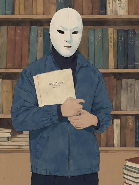 illustration, a man wearing a white mask and blue jacket , solo, 1boy, upper body, male focus, indoors, book, mask, bookshelf, photo background, painting (object), <lora:Vintage_vibes:1>