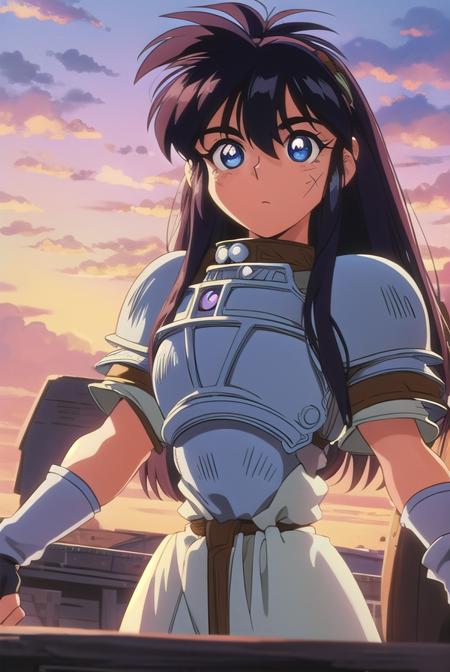 ihrie, <lora:ihrie-lora-nochekaiser:1>,
ihrie, long hair, blue eyes, black hair, (retro artstyle:1.5), (1990s \(style\):1.5),
BREAK gloves, short sleeves, fingerless gloves, armor, shoulder armor, brown gloves, pauldrons, breastplate, red armor,
BREAK looking at viewer,
BREAK outdoors,
BREAK <lyco:GoodHands-beta2:1>, (masterpiece:1.2), best quality, high resolution, unity 8k wallpaper, (illustration:0.8), (beautiful detailed eyes:1.6), extremely detailed face, perfect lighting, extremely detailed CG, (perfect hands, perfect anatomy),