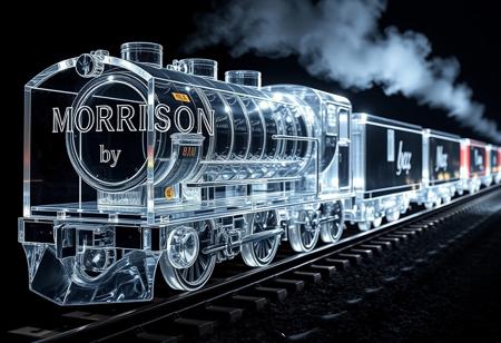 “A train made entirely of transparent crystal, with a prismatic, refractive exterior that catches and splits the light, travels along a railway. The lead car of the train bears the inscription ‘MORRISON’ in bold, etched letters, integrated into its crystalline surface. Following closely behind is another car with the inscription ‘by Max,’ also crafted from the same transparent crystal, gleaming with subtle rainbows in the light. Captured with Panavision Prime Aspherical cinema lenses, the surreal train moves along the tracks, creating a mesmerizing spectacle as light dances through the clear crystal, transforming it into a radiant, almost ethereal locomotive.”