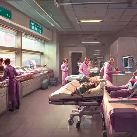 inside a hospital with hospital beds and nurses and doctors with medical equipment, a medical laboratory with scientists with advanced medical equipment in a clinic (PaintStyle5:0.8)