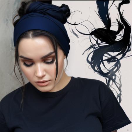 a woman with long black Messy bun with a headscarf  in the style of charlie bowater, dark blue and dark black, michael garmash, comic art, realistic color palette, dark black and beige, soft-focused realism , big boobs , black t-shirt cleavages