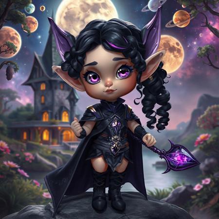 1girl, fantasy elf, long fantasy elven ears, natural lighting, realistic style, round cheek bones, full lips, small mouth, small nose, round face, black velvet boots laced with leather straps, petite, ((very thin waist:1.5)), body shaped like hourglass, long curled black hair with purple highlights, purple eyes, pupils showing, colourful planets and moon and stars and space in the background, a tome, zoomed out, full veiw, a purple elven metal armor, wearing a purple magical staff, long black cloak, hyperealistic, fantasy castlle sitting in a magical jungle in the background, a lake in the background, cute face,