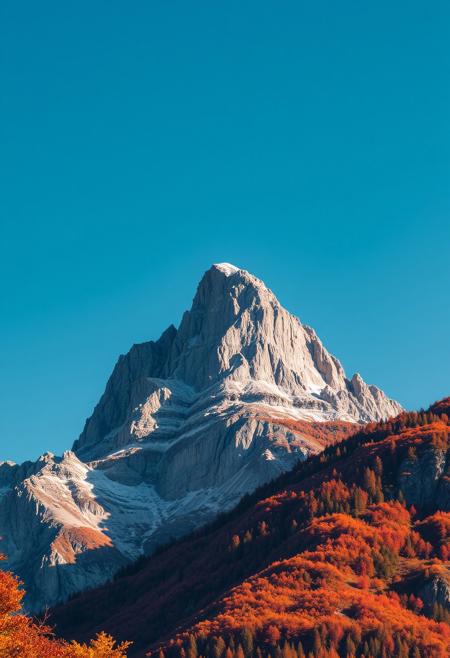 towering mountain peak, autumn scenery with vibrant fall colors, clear sky with no clouds, crisp atmosphere, golden and red leaves, sharp mountain textures, dramatic sunlight, wide-angle shot, professional composition, serene and peaceful.