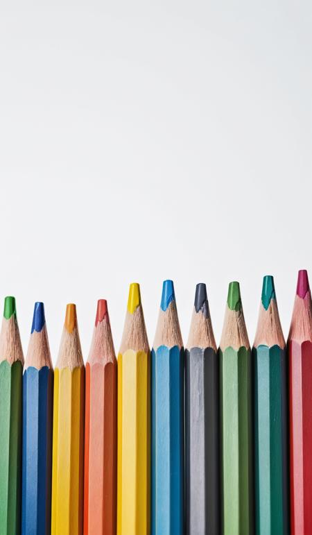 (macro shot:1.6), row of rainbow colored pencils, symmetric row, pointing upwards, on white background, top view, film, cinematic look, focus stacking, dslr, white space on top