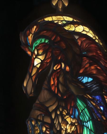 (dark, dimly lit, low key, stained glass, shurima, dramatic light:1.4),  <lora:shurima-1:1>, close up statue of a woman riding on a horse