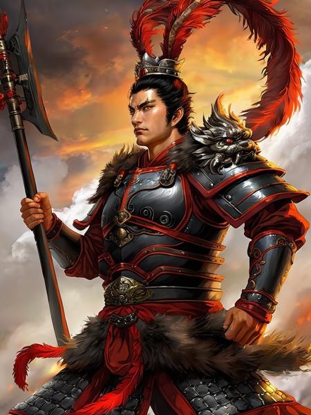 lvbu man pheasant_tail_feathers_crown beast-face armor beast-face belt holding sky-piercing halberd