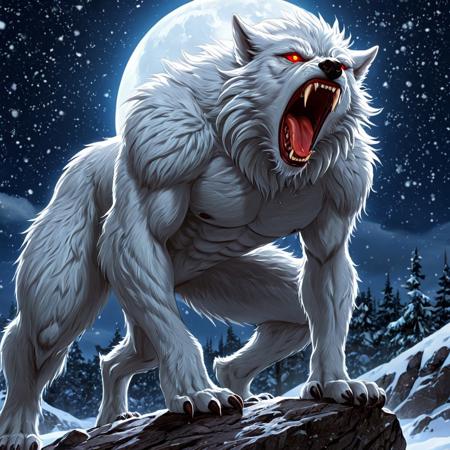 anime artwork of  <lora:Original video animation style:0.8>
An animated photo of a albino werewolf is standing on a rock with a howling sound up in sky,open mouth,red eyes,outdoors,sky,teeth,blood,night,fangs,moon,sharp teeth,night sky,claws,snow,full moon,blood on face,snowing,severed head,werewolf,holding head , anime, animated look, animated face, animated eyes, animated legs, animated hands, animated fingers, animated toes, animated lips, animated teeth, animated eyebrows, animated body, animated background, world of animation, manga style, animation, cartoon, colorful, different color, cinematic, cartoon film, film animation, different anime characters, detailed animated background, detailed animated environment, animated, hdr animation, animated photo, 2d animation, comic book animation, detailed animation, animated graphic novel, animated movie style, ova style, animation studio style, Original video animation style, anime style, key visual, vibrant, studio anime,  highly detailed