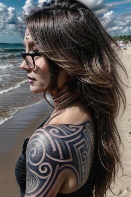 (((Goth-MILF))), (((nerdy, flirty))), (((thicc))), (((goth-makeup))), (((tattoos:1.5)), huge nerdy glasses, freckles, long wavy medium hair, tan lines, walking on the beach.
FHD, Rich in details, masterpiece, realistic style, canon 5D4.
