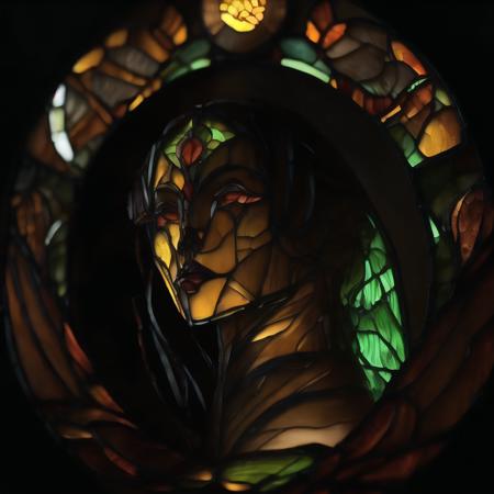 (dark, dimly lit, low key, shurima, stained glass:1.3), dramatic light,  <lora:shurima-1:1>, a close up of a sculpture of a portrait of a woman in a pitch dark room