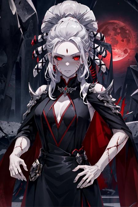 salem \(rwby\), 1girl, white hair, white skin, pale skin, cracked skin, red eyes, black dress, solo, detailed face, looking at viewer, cowboy shot, upper body, red moon, castlevenia, corruption, blood, (masterpiece:1.2, best quality)