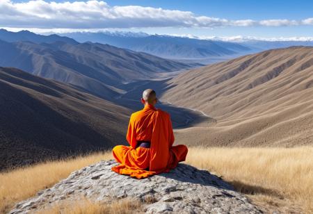 monk seated on a rock outcropping, The monk is dressed in bright orange and red robes, his head turned slightly to the left as he faces the camera, his hands clasped in a prayer-like gesture. He sits cross-legged on the rocky surface that occupies the foreground of the image. The middle of the field presents a terrain of dry grass and scattered shrubs, leading towards a deep valley. In the background, a superb panorama of mountain ranges is revealed, further away, mountains creating an impression of depth and immensity. The highest peaks are snow-capped and display a brilliant white color which contrasts strongly with the clear and deep blue with some white clouds