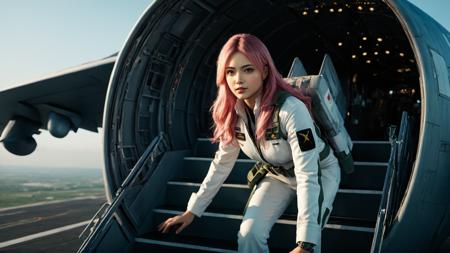 cinematic photo wide-angle view,yuukananri,A female pilot with long pink hair,green eyes,wearing a white flight suit,boarding her fighter jet,dynamic boarding action emphasized,realistic photography scene,fighter jet stairs,(masterpiece:2),(best quality:1.1),8k,high detailed,ultra-detailed,cinematic lighting,epic composition,movie style,realistic details on aircraft and pilot's suit,dust in the air,warm evening light,dramatic shadows,aircraft in the background,intense focus on action,Movie Still,Film Still,Cinematic,Cinematic Shot,Cinematic Lighting,. 35mm photograph,film,bokeh,professional,4k,highly detailed,<lora:detailed_notrigger:1>,<lora:yuukananri-base-01-XL:0.6>,<lora:JuggerCineXL2:1>,