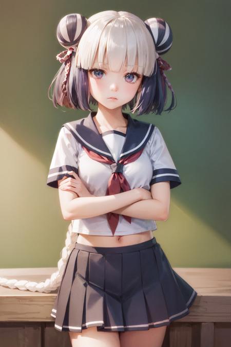 (masterpiece, best quality:1.2), <lora:pad_haku-12:1>, cowboy shot, solo, 1girl, haku, expressionless, closed mouth, looking at viewer, crossed arms, multicolored hair, double bun, twin braids, school uniform, serafuku, pleated skirt, tail