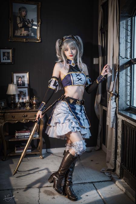 best quality, masterpiece, realistic, (photorealistic:1.4), 1girl, solo, full body, akari cosplay costume, grey hair, twintails, midriff, boots, holding weapon, looking at viewer, indoors, <lora:akari_cosplay_costume_v1:0.7>