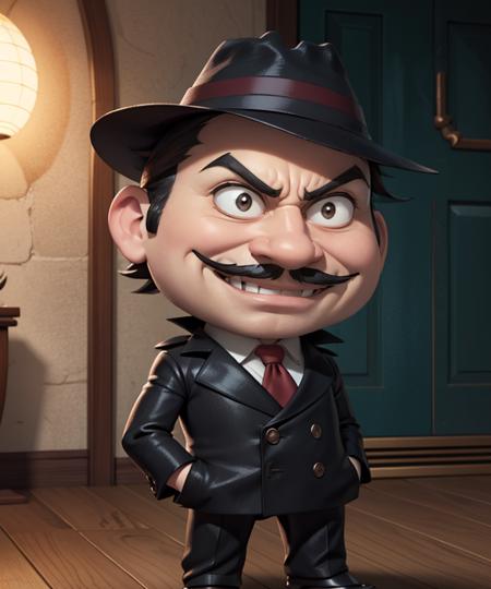 BorisBadenov,  1boy, male_focus, short_male, chibi, pale_skin, evil_grin, black hair, big_nose, tiny_mustache, pointy_mustache, stocky, evil_smile, fedora, hat, necktie, suit, turned-up_collar,  own_hands_together