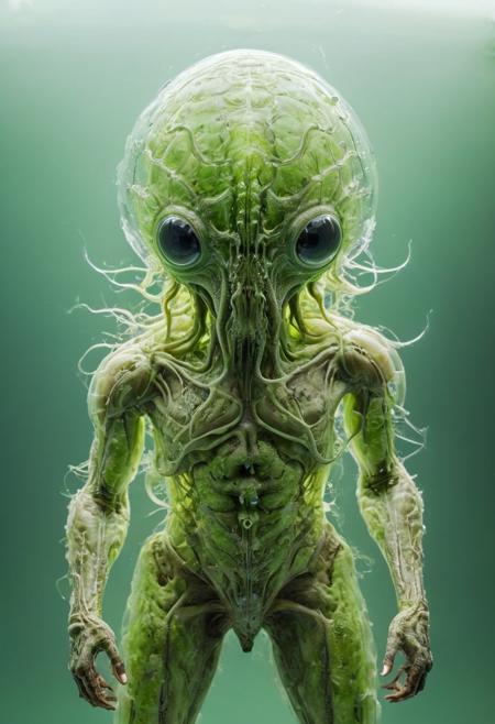 (wide angle lower dutch view:1.9) of a bioengineered creature with glowing, bioluminescent, see through patterns, blending organic and technological elements, Pastel Green hue, highly dramatic lighting,
