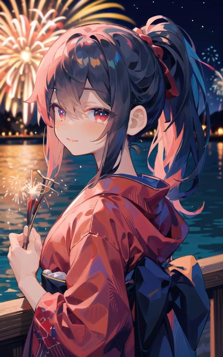 masterpiece,best quality,

1girl,black hair, long hair,ponytail, nape,red eyes, light smile, looking at viewer,holding bouquet, lily \(flower\),

red kimono,

(fireworks),(aerial fireworks),firework background,(night),shrine,lake, light reflection \(water\),

<lora:uenomigi-loha-000005:1>