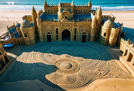 Vibrant Street Art. close cinematic view, made with slippery sand, An underwater big sand palace built from shimmering sand and seashells. beautiful, score_10, flying sand,