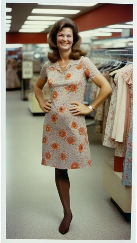 <lora:amp_v2:1>amputea, pretty 40 year old woman,floral dress,pantyhose,shoulder length brown hair,smile,nice teeth,1970's department store,clothing department,customer,bright lighting,full length,kodachrome,photo print,grain,border, raw photo,photo realistic,haigh quality,4k