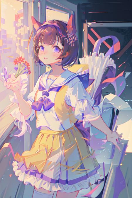 masterpiece, best quality, 
nishino flower \(umamusume\), 
(indoor, classroom,:1.2), looking at viewer,
tracen school uniform, summer uniform, sailor collar, sailor shirt, white shirt, purple bowtie, puffy short sleeves, puffy sleeves, frilled skirt, pleated skirt, white skirt, white thighhighs
<lora:nishino_flower_locon:0.8>