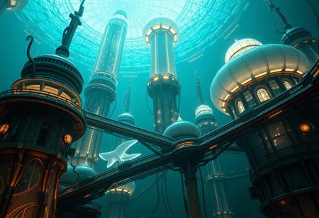 Create an ultra-detailed scene portraying a Gelid Architect in its deep-ocean habitat. The Gelid Architect is a biomechanical, intelligent species, thriving in the crushing depths of a frigid underwater world. Its sleek, translucent body reflects the icy environment, with bioluminescent streaks across its surface. The architecture around them is vast and awe-inspiring, crafted from translucent, pressure-resistant alloys that glow faintly, resembling towering coral spires with advanced cybernetic systems intertwined. The atmosphere is both dramatic and serene, with cinematic lighting emphasizing the cold, distant environment.
Depict the architectural structures in close-up: vast floating spires, linked by bridges, with glowing conduits running along metallic arches. The buildings mimic jellyfish-like designs, with domes that pulse with energy and translucent walls revealing complex internal machinery. The low-angle shot provides a wide view of the scene, capturing the full scale of this alien city under the endless ocean.
This scene has moody, contrast-filled lighting, highlighting the textures of the Gelid Architect’s smooth, icy skin. The Sony α7R IV with 1/320s, f/2.8, ISO 400 captures the captivating gaze, focusing on the detailed iris of the Architect, blending an artistic interplay of light and shadow. The RAW file format enhances the overall visual rhythm of the composition.