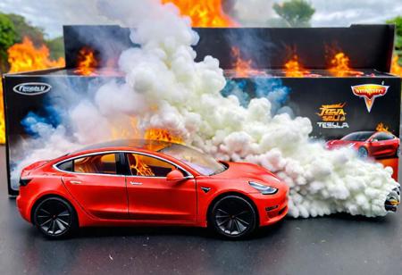 Hot Wheels toy car company have made a toy car version of a Tesla Model 3, The toy telsa model 3 car comes in a mini display unit/box. The car is exploding into fire and flames, white smoke fills the top of the display box, (realistic explosion from car), (realistic Flames bellow from the car windows inside the display unit),  (standing next to the car is a little palstic toy man, he holds both arms in the air,
