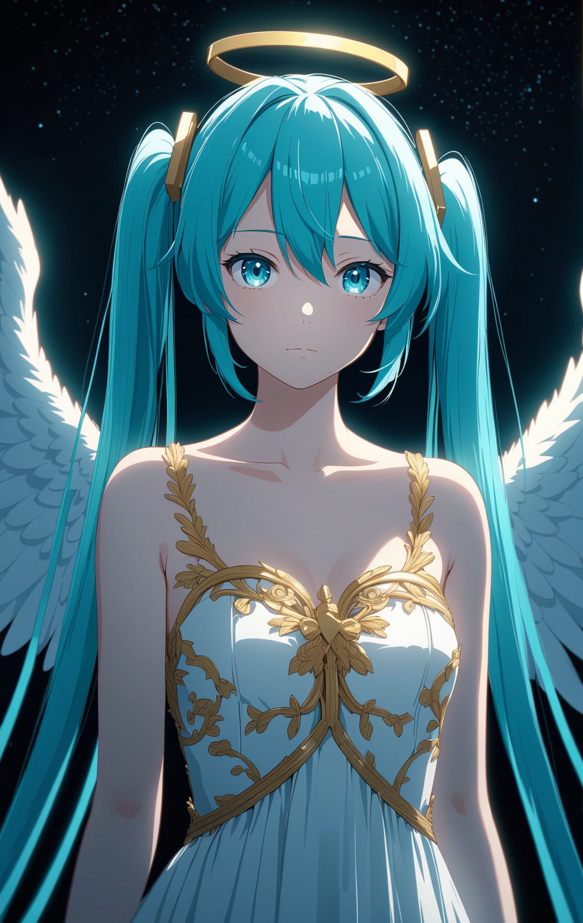Anime girl with blue eyes wearing a white dress and blue wings.