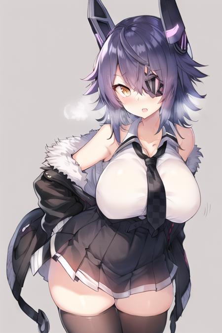 tenryuu kai ni \(kancolle\) ,1girl, black gloves, black jacket, black skirt, black thighhighs, breast pocket, checkered necktie, collared shirt,eyepatch lift, fur-trimmed jacket, fur trim, gloves, headgear, high-waist skirt, jacket, necktie, partially fingerless gloves, pleated skirt, pocket, purple hair, shirt, short hair, skirt, sleeveless, sleeveless shirt, white shirt ,yellow eyes, open jacket