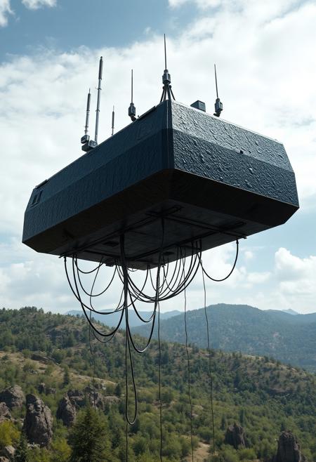 ultra high resolution, masterpiece, best quality, small featureless angular glossy black spacecraft with a heavily textured surface hovering low to the ground, underneath the spacecraft are cables hoses and wires, antennas on top, cables hanging from below, rectangular in shape, futuristic world, post apocalyptic landscape, anti gravity, in the atmosphere, sky, clouds, ground visible, hovering,  green trees and hills, rocky outcroppings