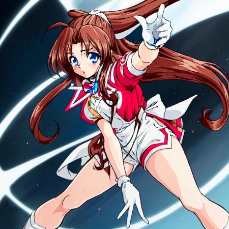 Karin, 1girl, solo, long hair, blue eyes,brown hair, gloves, shorts, white gloves, magical girl,low-tied long hair,white hair bow,red shoulder, white minidress