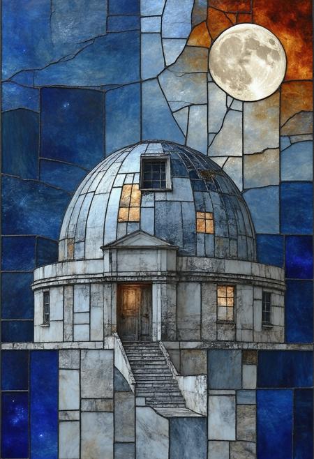 Construct a photorealistic depiction of a dilapidated observatory, rendered in a fractured Cubist style. The observatory's dome and telescope are deconstructed into shards of stained glass, each piece displaying a slightly different perspective and reflecting moonlight. The color palette is a stark contrast of deep indigo, burnt ochre, and polished silver, with sharp, overlapping lines and fragmented forms. Incorporate subtle gradients within each glass shard to mimic refracted light, blurring the line between abstract geometry and tangible reality. The overall composition should evoke a sense of lost knowledge and cosmic wonder.