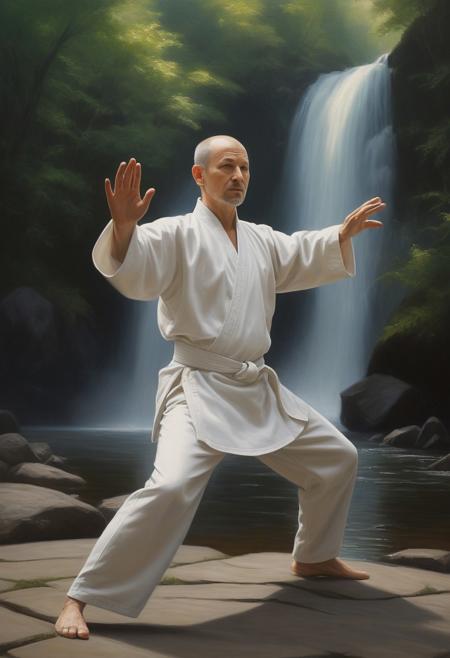 a Caucasian Zen practicing tai chi, wearing a judogi, in Yang position, sunny exterior, forest and waterfall background, 16k, masterpiece, highly detailed photo-realistic oil painting by Greg Rutowski, cinematic lighting