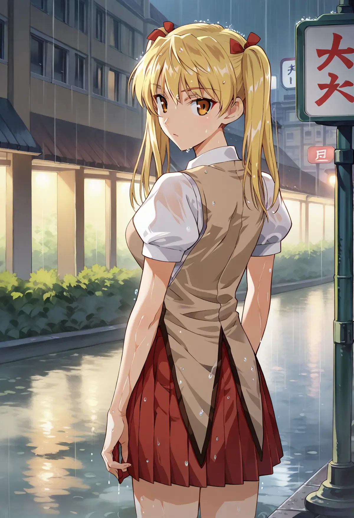 A young woman with blonde hair tied in twin tails drenched in rain standing on a wet street looking over her shoulder. The scene is illuminated by the glowing of streetlights and the glow of the surrounding buildings. 